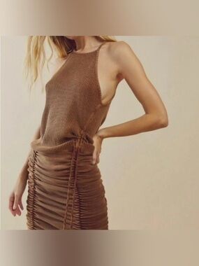 Anthro Mini Dress Brown Ruched Bodycon Halter Knit Cinnamon Size M NWT